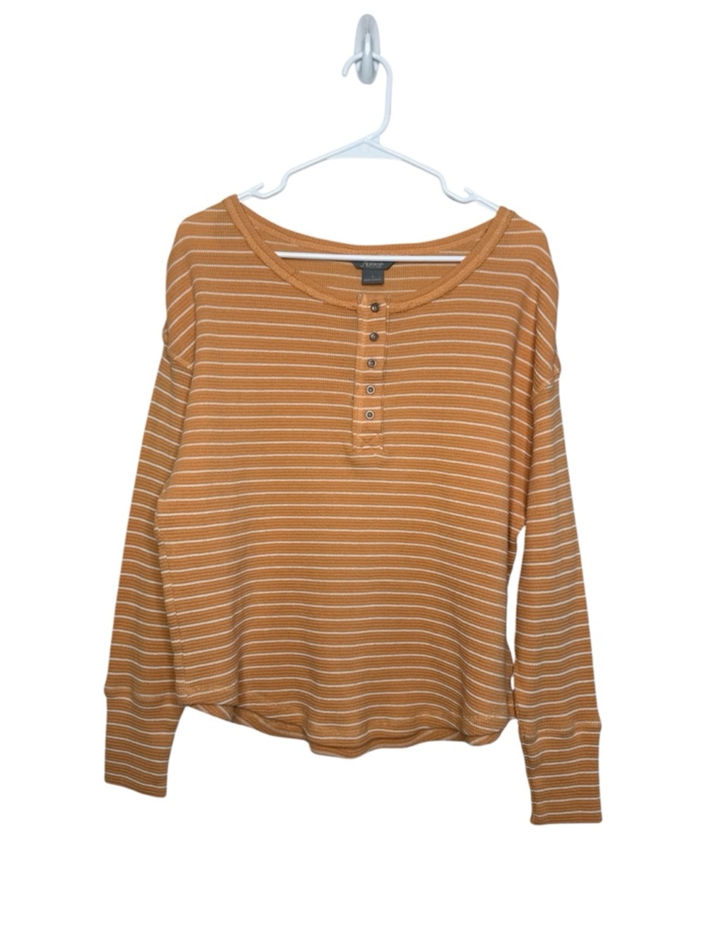 Natural Reflections Women's Yellow Stripe Waffle-Knit Henley Long Sleeve Top Sm.